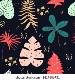 Seamless pattern of tropical leaves. Green leaves cartoon vector drawings.  Can be used for wallpaper, pattern fills, web page background,surface textures.