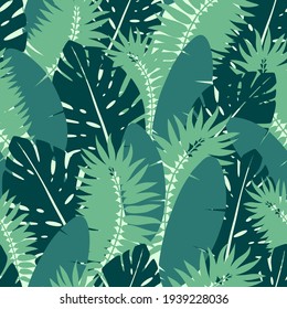 Seamless pattern with tropical leaves in green and blue colors. Vector pattern for decoration of backgrounds, wrapping paper, fabric, wallpaper, cards, napkins, gift paper, posters, banners, etc.