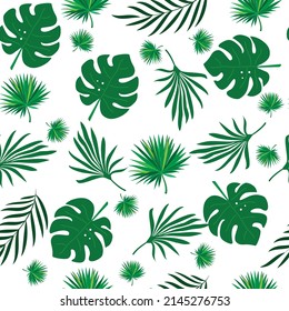 Seamless pattern of tropical leaves. Green leaves on a white background. Vector, eps10