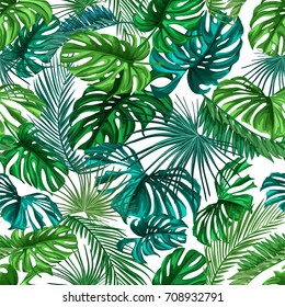 Seamless pattern of tropical leaves. Green palm leaves on the white background. Vector seamless pattern. Tropical exotic isolated illustration. Jungle foliage.