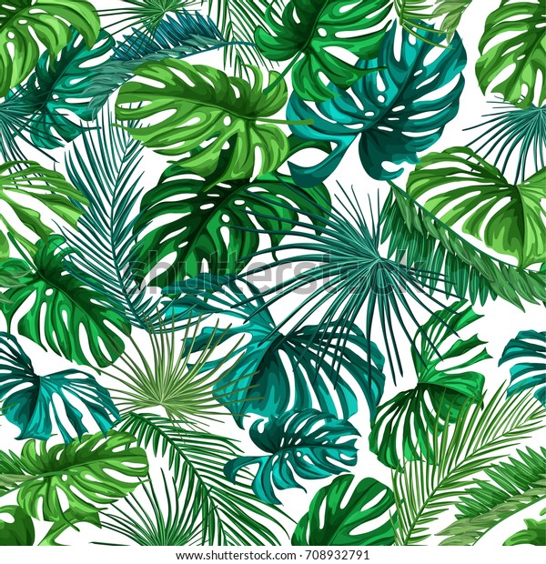 熱帯の葉のシームレスな模様 白い背景に緑のヤシの葉 ベクターシームレスなパターン 熱帯のエキゾチックなイラスト ジャングルの葉 のベクター画像素材 ロイヤリティフリー