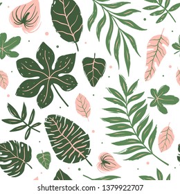 Seamless pattern of tropical leaves. Hand drawn vector Illustration