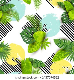 Seamless pattern with tropical leaves, hand drawn circles and black stripes. Vector illustration.
