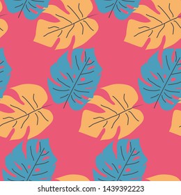 Seamless pattern with tropical leaves. Hand drawn summer print