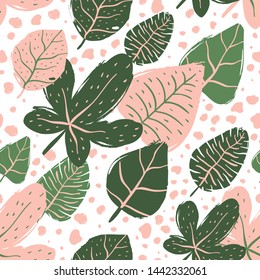 Seamless pattern with tropical leaves. Hand drawn vector Illustration