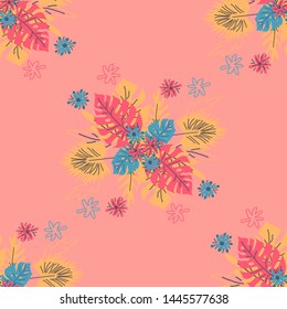 Seamless pattern with tropical leaves. Hand drawn summer print