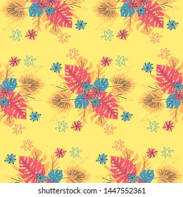 Seamless pattern with tropical leaves. Hand drawn summer print