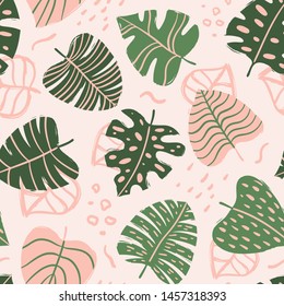 Seamless pattern with tropical leaves. Hand drawn vector Illustration