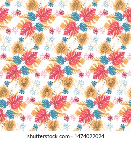Seamless pattern with tropical leaves. Hand drawn summer print