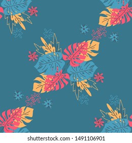 Seamless pattern with tropical leaves. Hand drawn summer print