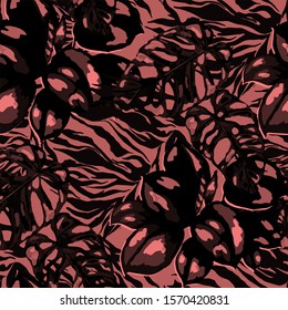 Seamless pattern with tropical leaves. Hand drawn exotic plants. Summer nature jungle print. Can be used for any kind of a surface design. Vector. 