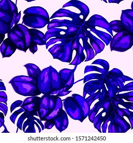 Seamless pattern with tropical leaves. Hand drawn exotic plants. Summer nature jungle print. Can be used for any kind of a surface design. Vector.