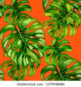 Seamless pattern with tropical leaves. Hand drawn exotic plants. Summer nature jungle print. Can be used for any kind of a surface design. Vector.