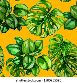 Seamless pattern with tropical leaves. Hand drawn exotic plants. Summer nature jungle print. Can be used for any kind of a surface design. Vector. 