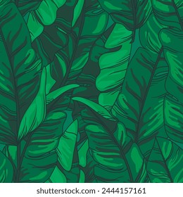 Seamless pattern with tropical leaves, hand drawn style vector illustration
