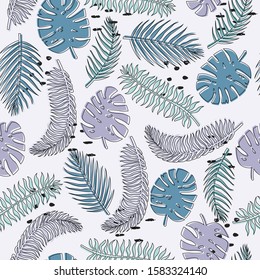 Seamless pattern with tropical leaves and hand-drawn blotches and marker strokes.