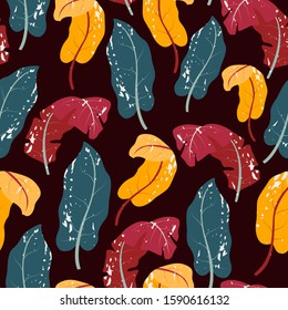 Seamless pattern with tropical leaves and hand-drawn blotches and marker strokes.