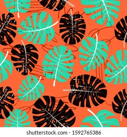 Seamless pattern with tropical leaves and hand-drawn blotches and marker strokes.