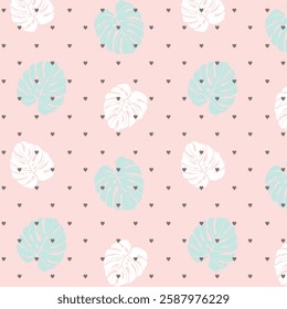Seamless pattern with tropical leaves and heart on pink background vector