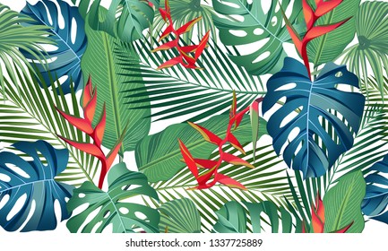Seamless pattern tropical leaves with heliconia flower on white background
