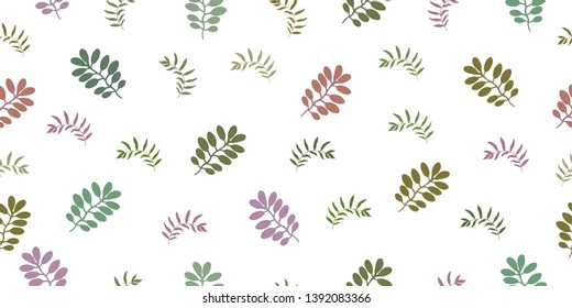 Seamless pattern with tropical leaves and herbs. Isolated elements on a white background. Vector hand drawing illustration.