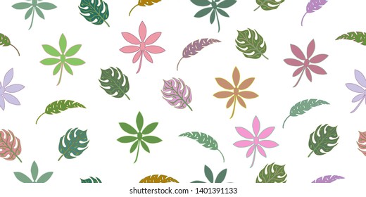 Seamless pattern with tropical leaves and herbs. Isolated elements on a white background. Vector hand drawing illustration.