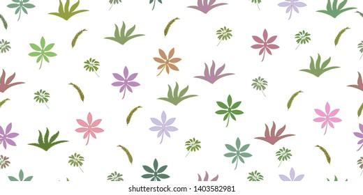 Seamless pattern with tropical leaves and herbs. Isolated elements on a white background. Vector hand drawing illustration.