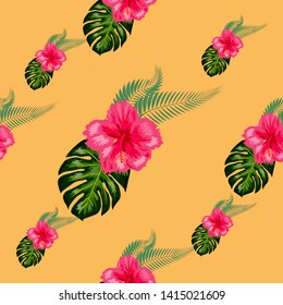 Seamless pattern with tropical leaves and hibiscus flowers.