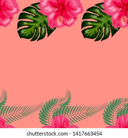Seamless pattern with tropical leaves and hibiscus flowers.