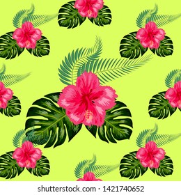 Seamless pattern with tropical leaves and hibiscus flowers.