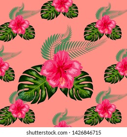 Seamless pattern with tropical leaves and hibiscus flowers.