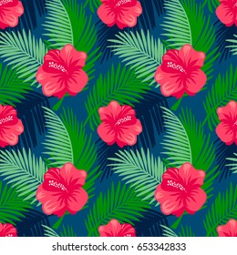 Seamless pattern tropical  leaves with hibiscus flower.