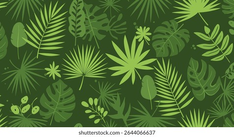 A seamless pattern of tropical leaves, including monstera, palm fronds, and ferns, in various shades of green.
