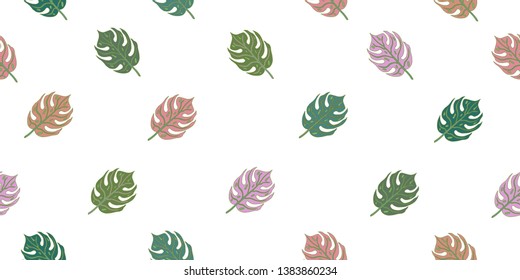 Seamless pattern with tropical leaves. Isolated elements on a white background. Vector hand drawing illustration.