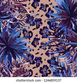 Seamless pattern with tropical leaves and jaguar spots