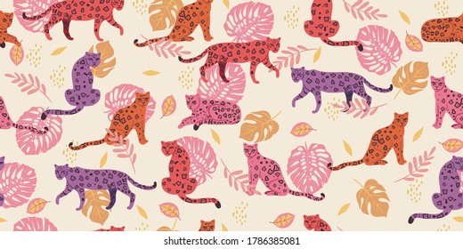 Seamless pattern with tropical leaves and leopards. Vector graphics