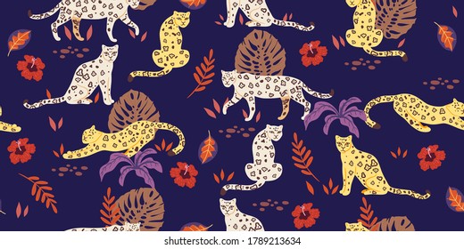 Seamless pattern with tropical leaves and leopards. Vector graphics