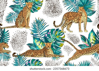 Nahtloses Muster mit tropischen Blättern und Leoparden. Tiere in verschiedenen Posen und Palmblätter, Monstera, Alocasien. Exotischer Dschungel auf weißem Hintergrund. Cartoon. Vektorgrafik.