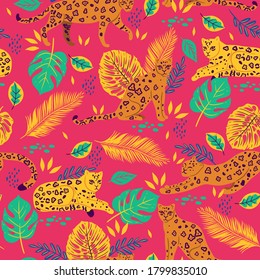 Seamless pattern with tropical leaves and leopards.Vector graphics.