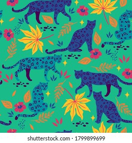 Seamless pattern with tropical leaves and leopards.Vector graphics.