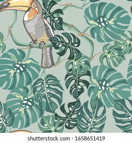 Seamless pattern tropical leaves, liana, toucan bird. Vector pattern for printing on textiles, paper, packaging, wallpaper.