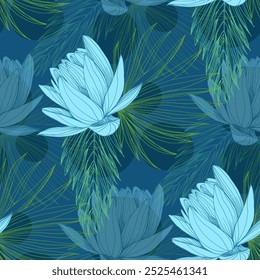 Patrón sin fisuras con hojas tropicales y loto. Estilo de boceto de color dibujado a mano de fondo. Ilustración detallada, dibujado a mano. Grande para la tela y la materia textil, impresiones, invitación, empaquetado