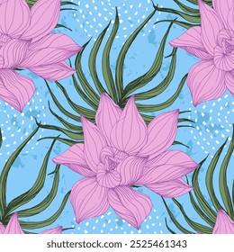 Nahtloses Muster mit tropischen Blättern und Lotus. Farbskizze Stil handgezeichneter Hintergrund. Detaillierte Abbildung, handgezeichnet. Ideal für Stoff und Textilien, Prints, Einladungen, Verpackungen