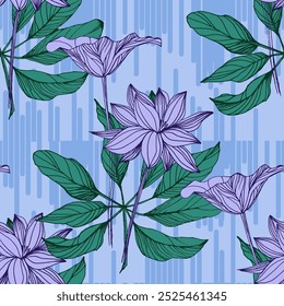 Seamless Pattern with tropical leaves and lotus. Color sketch style hand drawn background. Detailed illustration, hand drawn. Great for fabric and textile, prints, invitation, packaging