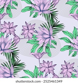 Patrón sin fisuras con hojas tropicales y loto. Estilo de boceto de color dibujado a mano de fondo. Ilustración detallada, dibujado a mano. Grande para la tela y la materia textil, impresiones, invitación, empaquetado