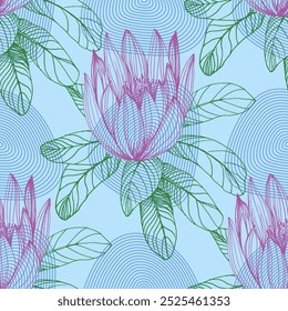 Seamless Pattern with tropical leaves and lotus. Color sketch style hand drawn background. Detailed illustration, hand drawn. Great for fabric and textile, prints, invitation, packaging