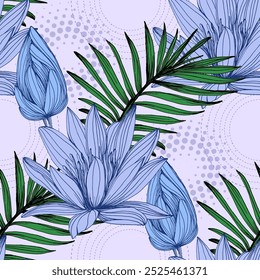 Nahtloses Muster mit tropischen Blättern und Lotus. Farbskizze Stil handgezeichneter Hintergrund. Detaillierte Abbildung, handgezeichnet. Ideal für Stoff und Textilien, Prints, Einladungen, Verpackungen