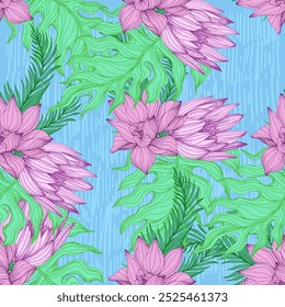 Seamless Pattern with tropical leaves and lotus. Color sketch style hand drawn background. Detailed illustration, hand drawn. Great for fabric and textile, prints, invitation, packaging