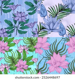 Nahtloses Muster mit tropischen Blättern und Lotus. Farbskizze Stil handgezeichneter Hintergrund. Detaillierte Abbildung, handgezeichnet. Ideal für Stoff und Textilien, Prints, Einladungen, Verpackungen