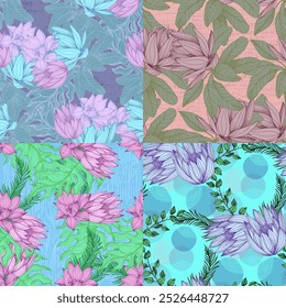 Nahtloses Muster mit tropischen Blättern und Lotus. Farbskizze Stil handgezeichneter Hintergrund. Detaillierte Abbildung, handgezeichnet. Ideal für Stoff und Textilien, Prints, Einladungen, Verpackungen